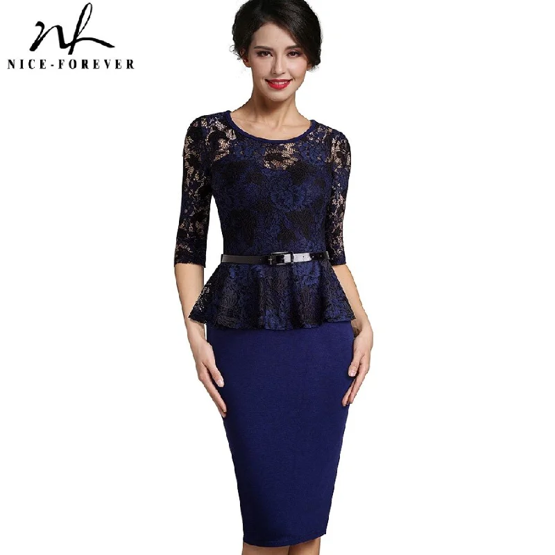 Nice-Forever Spring Women Elegant Lace Patchwork Peplum Dresses Business Office Bodycon Slim Dress B360