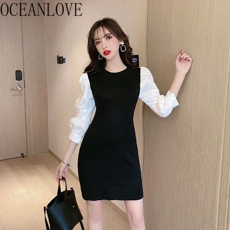 OCEANLOVE Three Quarter Puff Sleeve Woman Dresses Knitted Patchwork Vintage Femme Robes Hiver Bodycon 2022 Spring Vestidos 19407