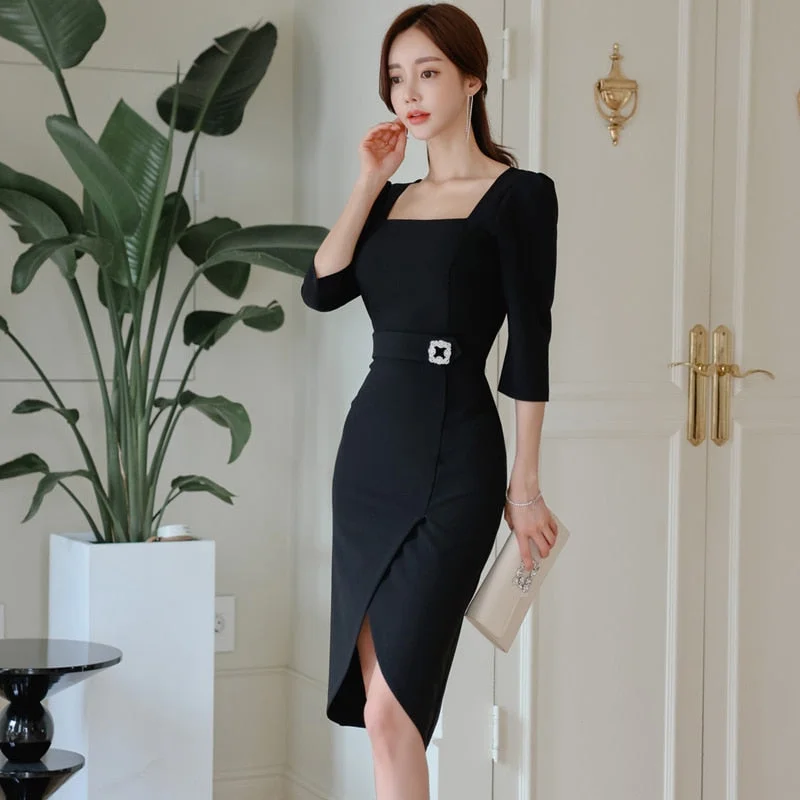 Office Elegant Sexy Bodycon Pencil Dress Women Slim With Belt Vestidos Korean Wrap Hip Knee-Length Casual Work