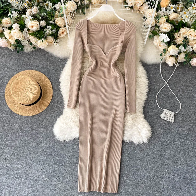 Sexy Low Collar Knitted Bodycon Dress Women Autumn Winter High Waist Long Sleeve Knit Dresses Female Vestidos 2022