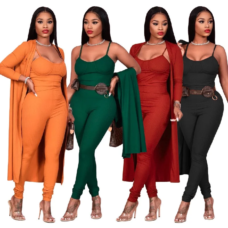 Sexy Solid Knitted Suit Women 2 Piece Set Casual Outfits Spaghetti Strap Bodycon Jumpsuit and Long Sleeve Open Stitch Streetwear