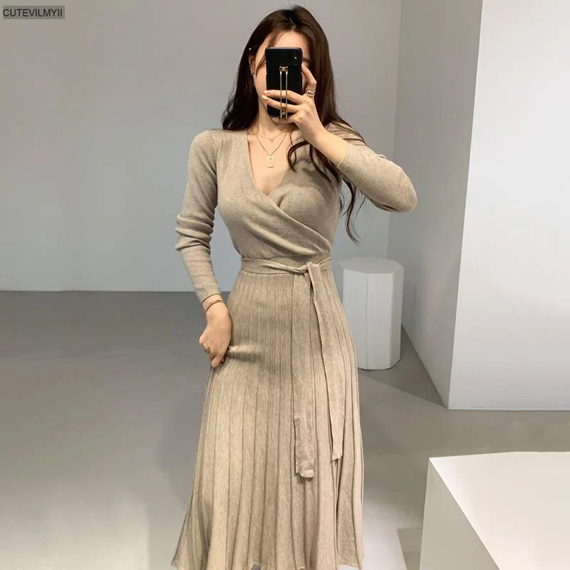 Stretchy Women Knitted Bodycon Pencil Dress Autumn Winter Solid Vestidos Long Sleeve V Neck Slim Lady Chic Korean Dress