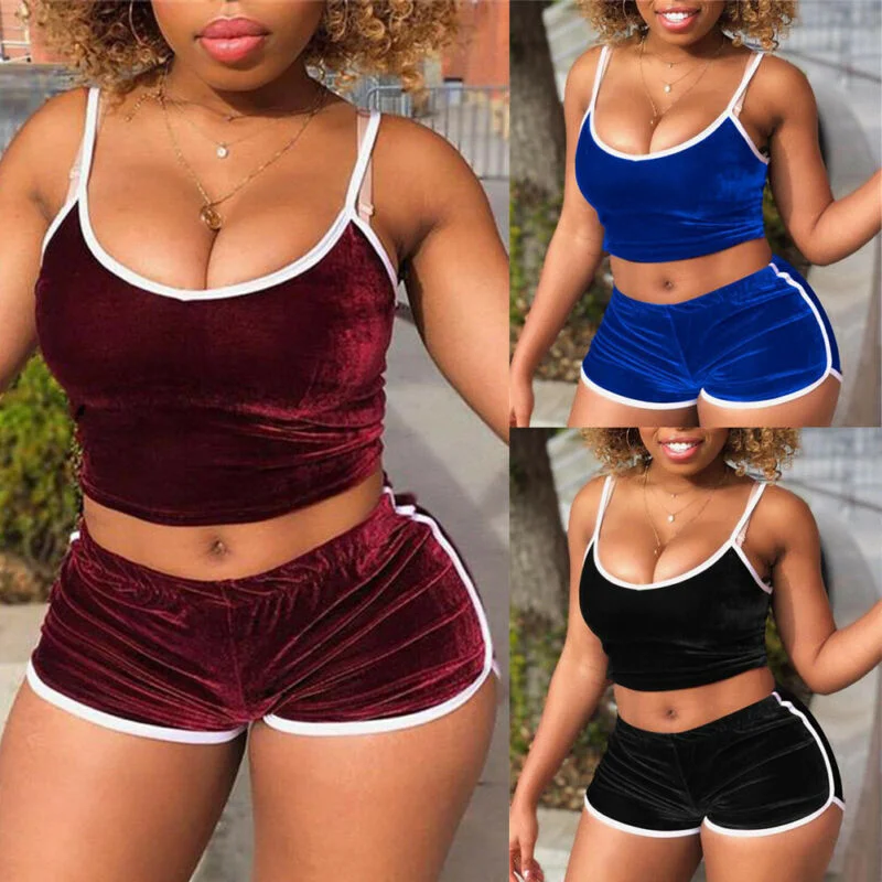 Summer Women Sexy Sleepwear Pajama Sets Velvet Plain Bodycon Tank Tops Shorts 2pcs Women Sets Nightwear Lingerie