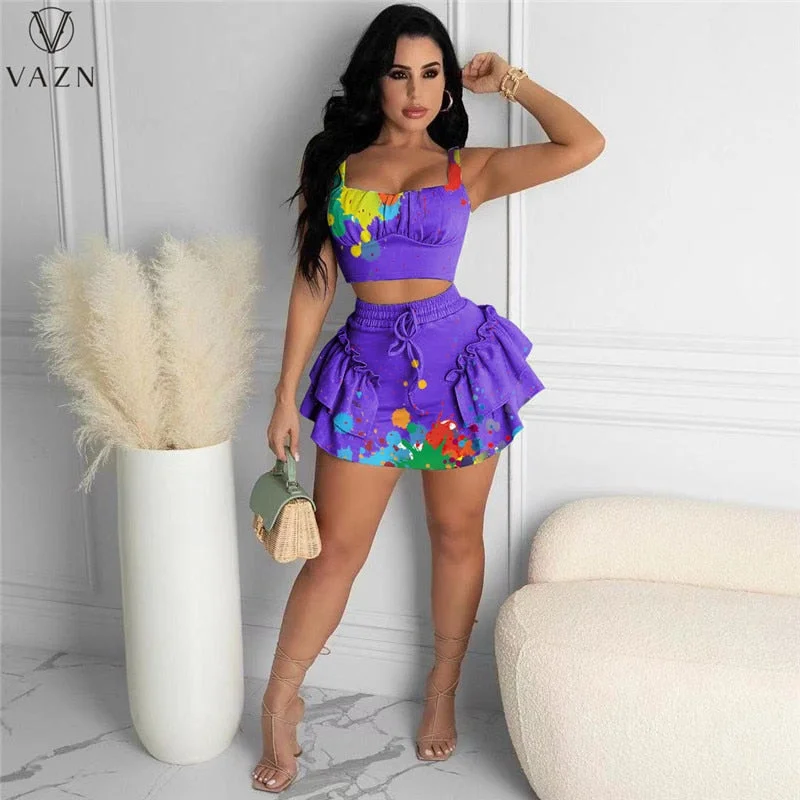 VAZN 2023 Sweet Boho Summer Sleeveless Print Swimming Bikini Bodycon Sexy Bandage Beach Suits 2 Piece Set Women Top And Pant