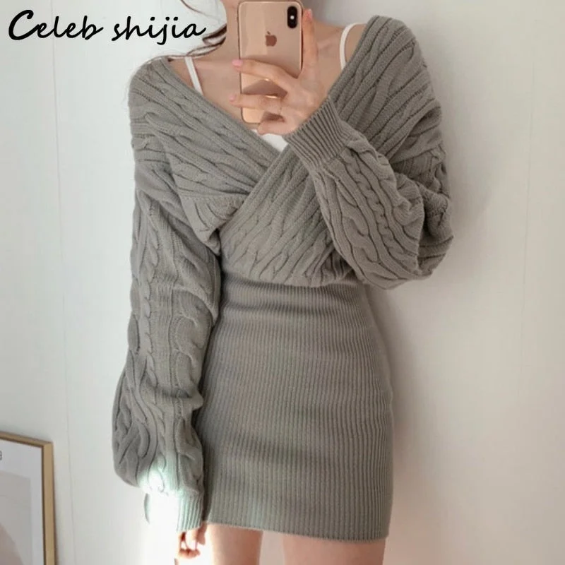 Winter Cross Knitted Dress Women Gray High Waisted V-neck Street Sweater Dresses Bodycon Female Autumn OL Clothing