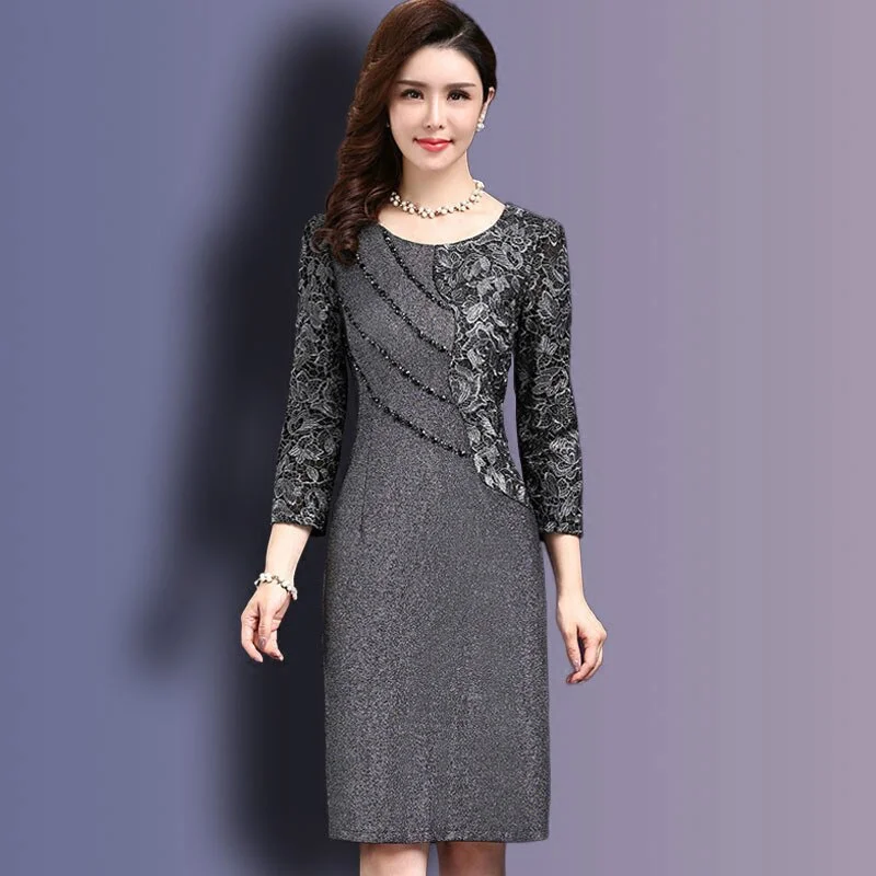 Women Sexy Dress 2022 autumn Elegant Women Winter 3/4 Sleeve Knee Length Vintage Ol Work Wear Bodycon Lace Crochet Dresses 4XL